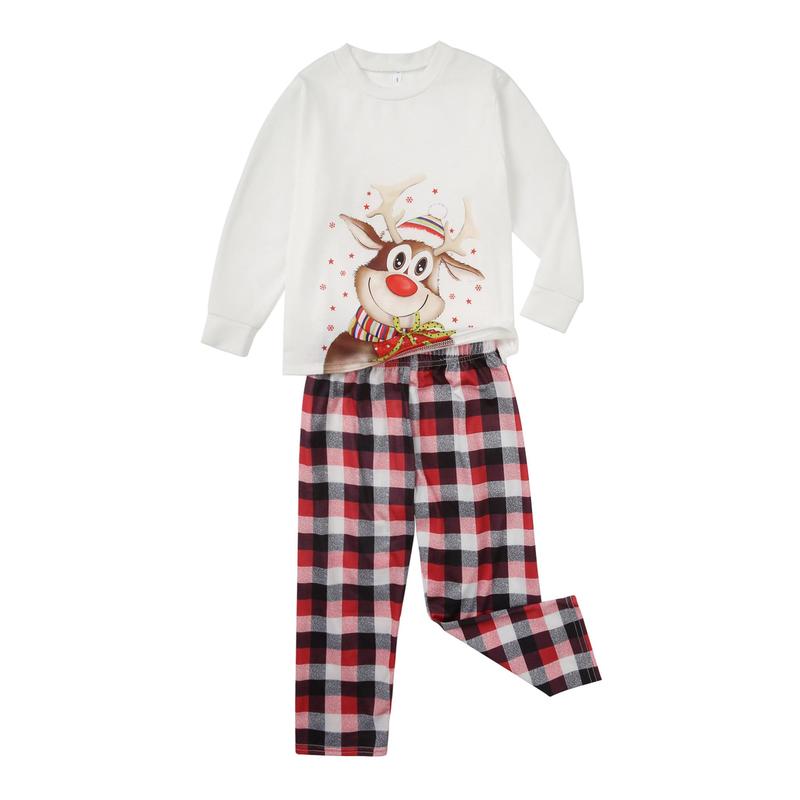 Matching Christmas Pajamas For Family, Elk Print O-Neck Long Sleeve Tops+ Plaid Long Pants for Kids Adults