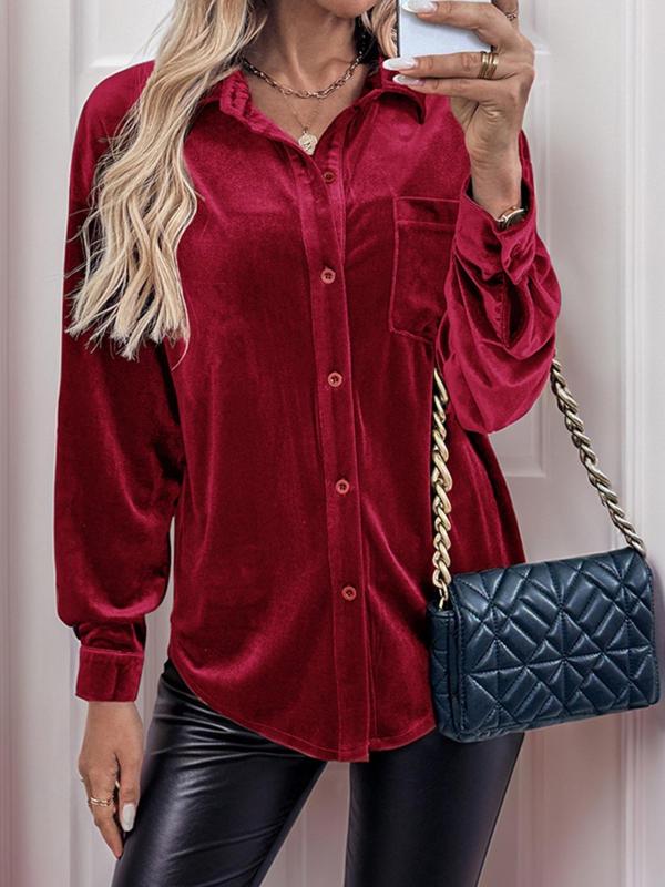 Women's Solid Button Front Drop Shoulder Velvet Shirt, Casual Long Sleeve Collared Top for Fall & Winter, Women's Clothes for Daily Wear