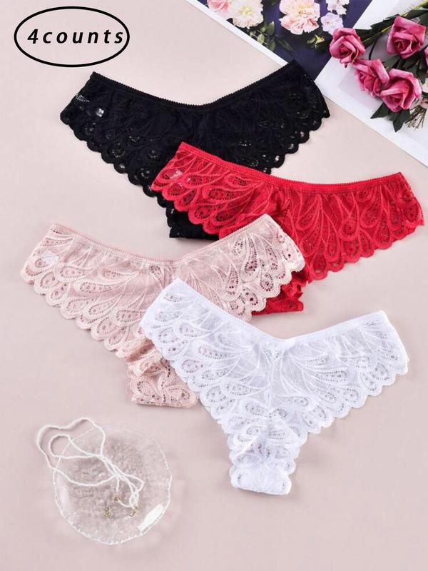 Women's 4pcs Solid Lace Thongs, Sexy Casual Soft Comfy Breathable Knicker for Daily Wear, Ladies Sexy Underwear for All Seasons