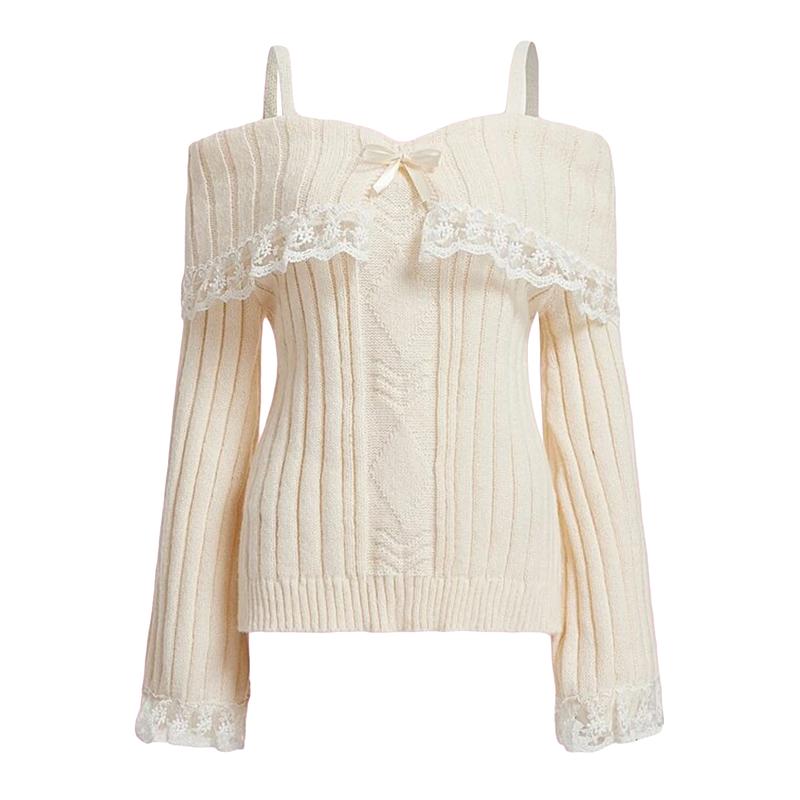 Women Off Shoulder Top Y2K Long Sleeve Lace Trim Knit Shirt Fashion Cute Solid Pullover Sweater