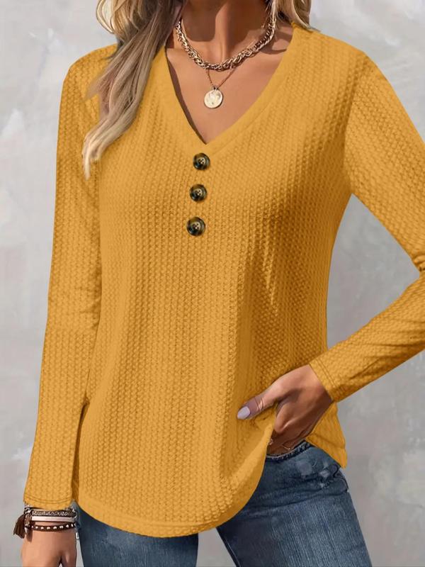  Solid Button Front V Neck Tee, Casual Long Sleeve T-Shirt for Fall & Winter, Women's Plus Clothing for Daily Wear