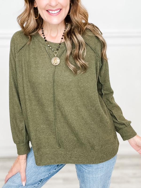 Long Sleeve Ribbed Hacci Top with Banded Sleeves and Hemline