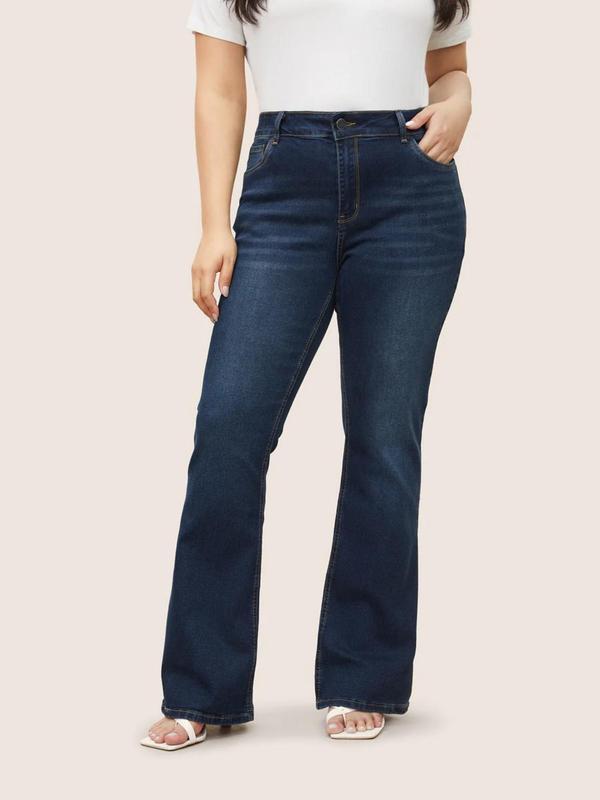  Solid Button Pocket Flare Leg Jeans, Casual Comfy Denim Jeans for Daily Wear, Women's Bottoms for All Seasons