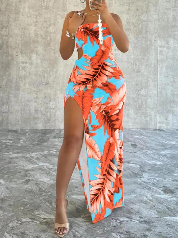 Women's Leaf Print Split Thigh Bodycon Cami Dress, No Drawers Sundress, Mufti Clothes, Casual Cut Out Ruched Maxi Dress, Summer Dresses, Fashion Women's Dress for Beach Holiday