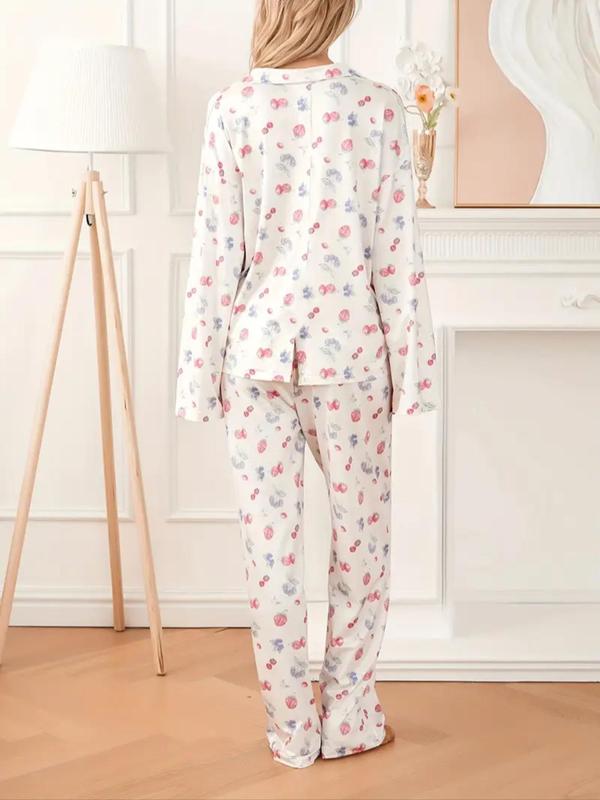 Women's Fruit Print Lapel Pocket Shirt & Elastic Waist Pants Pyjama, Casual Comfy Button Front Split Hem Drop Shoulder Top & Trousers Pj Set, Women's Sleepwear for Spring & Fall