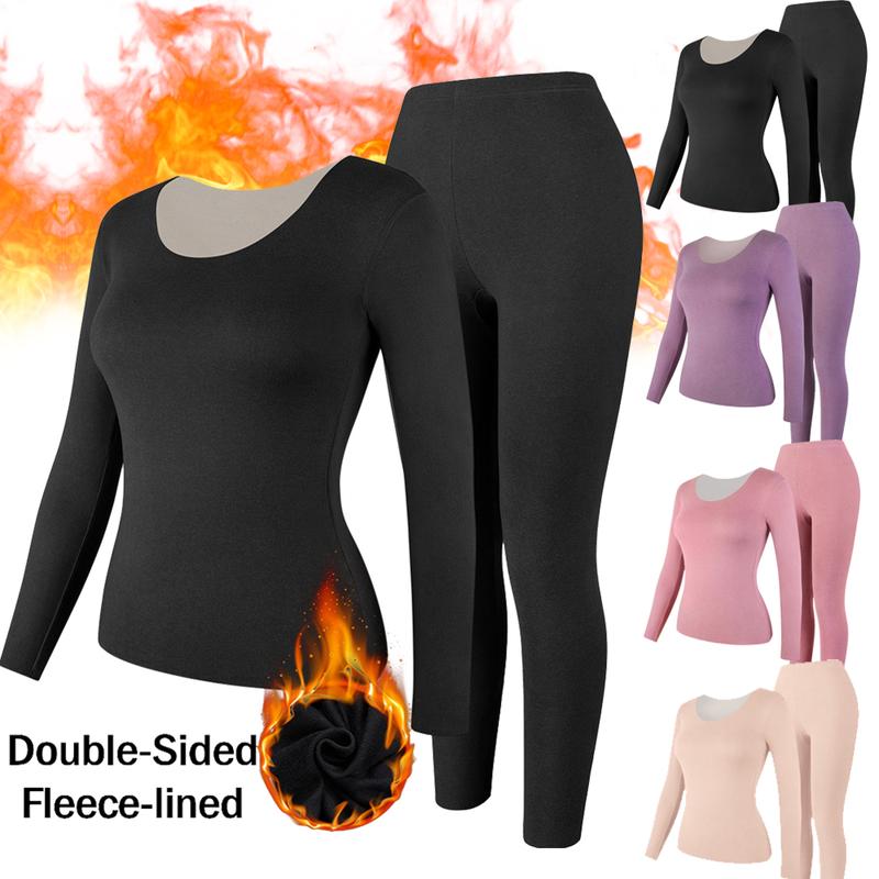 Women's Seamless Thermal Underwear Set, Soft & Stretchy Long Sleeve Crew Neck Tops & Pants, Warm Loungewear for Cold Weather, Indoor Comfort