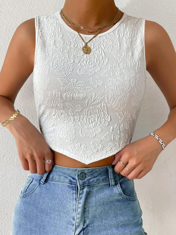 Women's Floral Jacquard Crop Tank Top, Elegant Round Neck Sleeveless Cropped Top for Summer, Tank Tops for Women, Fashion Women's Top for Beach Holiday Vacation Back To School