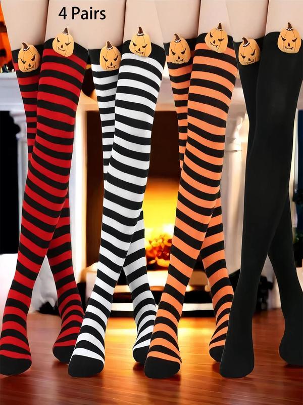 4 Pairs Christmas High Thigh Socks Women's Plain Striped Print Over The Knee Socks, Casual Comfy Breathable Halloween Pumpkin Decor High Stretch Socks for Holiday Party, Ladies Socks for Fall & Winter