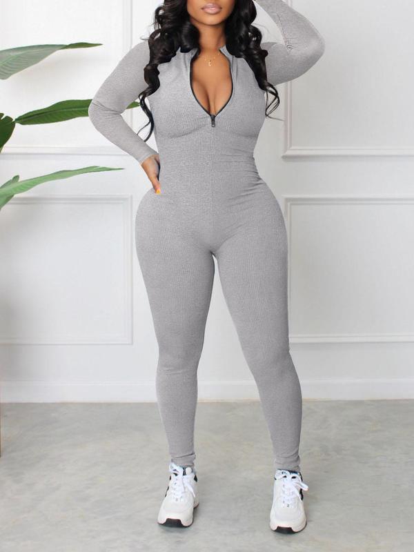 Women's Solid Zip Up Skinny Jumpsuit, Casual Comfy Long Sleeve Stand Collar Jumpsuit for Fall & Winter, Women's Clothes for Daily Wear