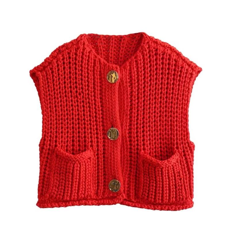 2024 New Women's European and American Style Pocket Sleeveless Short Knitted Cardigan Vest Shirt