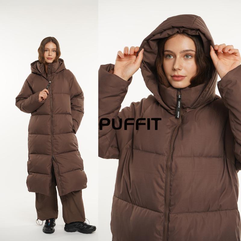 PUFFIT Extra Long Double-open Zip Hooded  Puffer Jacket Womenswear Coats, Thicken Warm Winter Coat for Women, Water Repellent,Two-Way Winter Coat