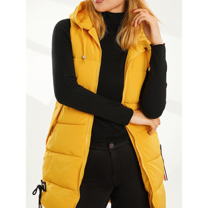 Women Down Jacket Waistcoat Solid Color Drawstring Hooded Sleeveless Zipper-Up Vests Autumn Winter Casual Warm Outerwear Womenswear Check