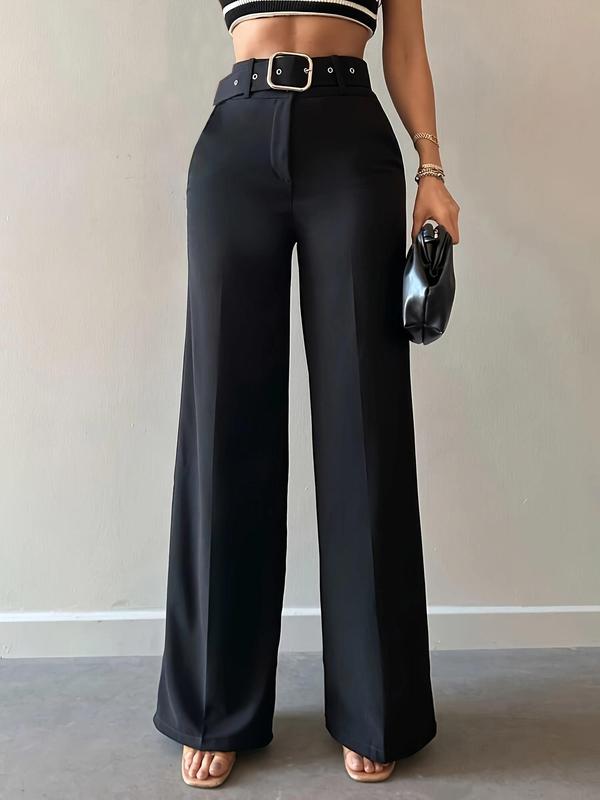 Women's Solid Pocket Straight Leg Pants with Belt, Casual Comfy Trousers for Spring & Fall, Women's Bottoms for Daily Wear