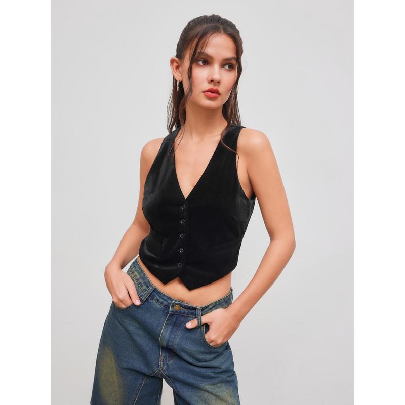 Cider [size 2-26] Velvet V-neck Solid Button Crop Jacket Vest