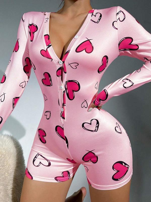 Women's Heart Print Button Front V Neck Pajama Romper, Casual Long Sleeve Lounge Romper, Women's Summer Sleepwear & Loungewear