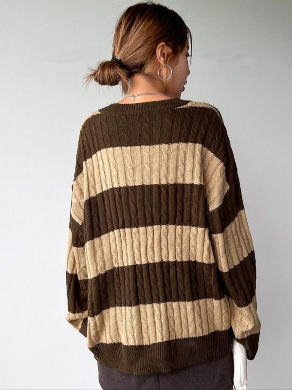 Women's Colorblock Striped Drop Shoulder Cable Knit Sweater, Casual Long Sleeve V Neck Jumper for Fall & Winter, Fashion Ladies' Knitwear for Daily Wear