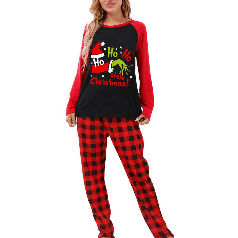 Family Matching Christmas Pajamas, Baby Romper Dog Clothes Letter Green Monster Hand Print Tops and Plaid Pants Sleepwear Set