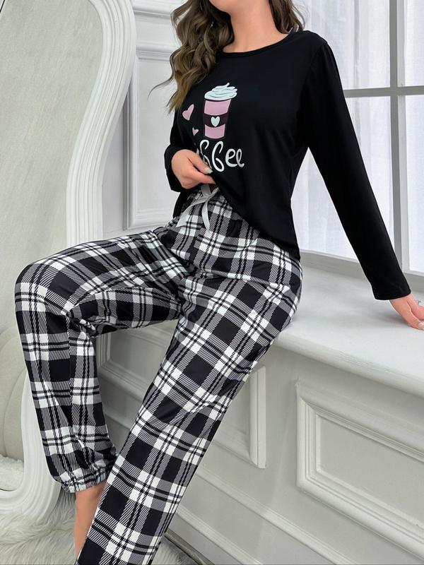 Two-Piece Set Women's Coffee Print Pajama Set, Casual Long Sleeve Tee & Bow Decor Pants for Daily Home Wear, Women's Sleepwear & Loungewear Set for Spring & Fall