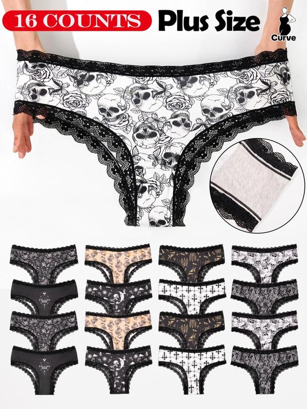  All Over Print Contrast Lace Panties, Soft Comfy Breathable Knicker for Daily Wear, Women's Underwear for All Seasons