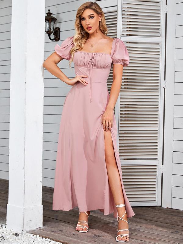 Women's Off The Shoulder Ruched Split Thigh Tie Front A Line Vintage Dress, Elegant Puff Sleeve Multiway Dress for Party Holiday Wedding Guest, Ladies Summer Clothes, Fall Wedding Guest Dress Christmas