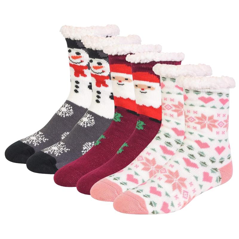 3 Pairs Fuzzy Non Slip Slipper Socks with Grippers Christmas Gifts Fleece Lined Warm Lining Xmas Party Fluffy Non Skid Ripple Sleeping Socks Winter