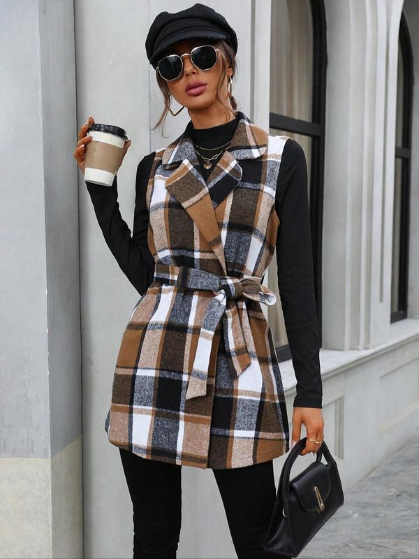 Women's Plaid Print Belted Lapel Neck Vest Jacket, Casual Sleeveless Outerwear for Fall & Winter, Ladies Clothes for Daily Wear