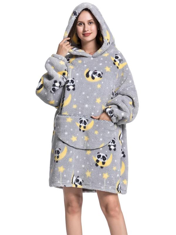 Women's Print Drop Shoulder Hooded Flannel Robe, Casual Long Sleeve Pocket Design Halloween Hooded Robe, Ladies Fall & Winter Sleepwear