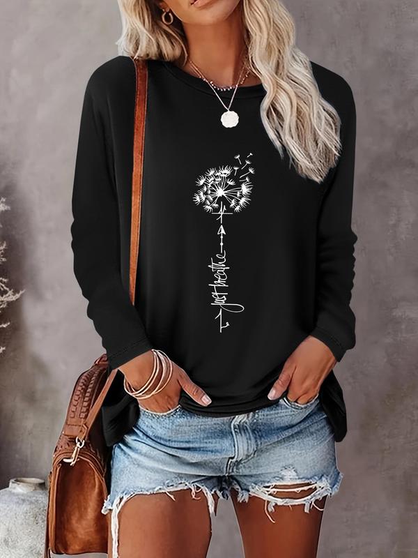 Women's Floral & Letter Print Crew Neck Tee, T Shirts for Women, Fashion Casual Long Sleeve T-shirt for Daily Outdoor Wear for Fall, Ladies Clothes for Spring & Fall, Back To School Outfit, Fall Outfits, Fallfreshness, Fall Gift