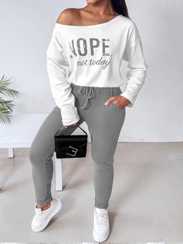  Letter Print Drop Shoulder Tee & Drawstring Waist Pants Two-Piece Set, Casual Fashion Cozy Long Sleeve Boat Neck Top & Pocket Trousers for Daily Outdoor Wear, Women's Clothing for Fall