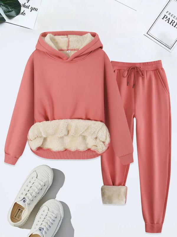 Women's  Thermal Lined   Solid Color Hoodie & Drawstring Waist Pants Two-piece Set, Casual Long Sleeve Hooded Sweatshirt & Pocket Trousers for Fall & Winter, Women's Clothes for Daily Wear