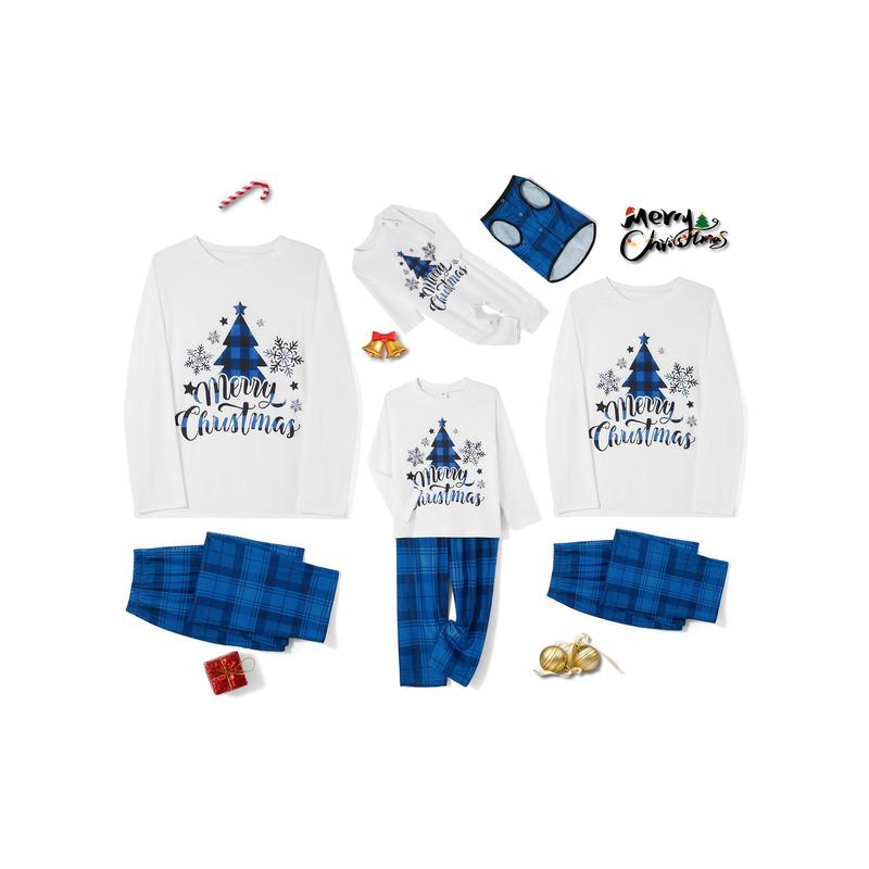 Family Matching Christmas Pajamas, Christmas Tree&Letter Print Long-Sleeved Tops + Plaid Trousers Sleepwear Outfits Pants Womenswear