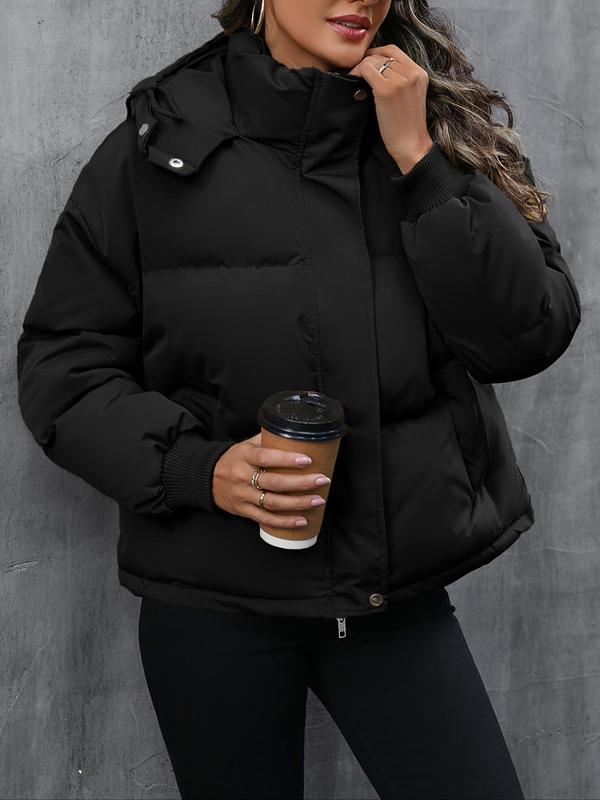 Women's Solid Color Quilted Thickened Warm Hooded Jacket, Casual Drawstring Long Sleeve Zip Up Outerwear for Fall & Winter, Women's Clothes for Daily Wear