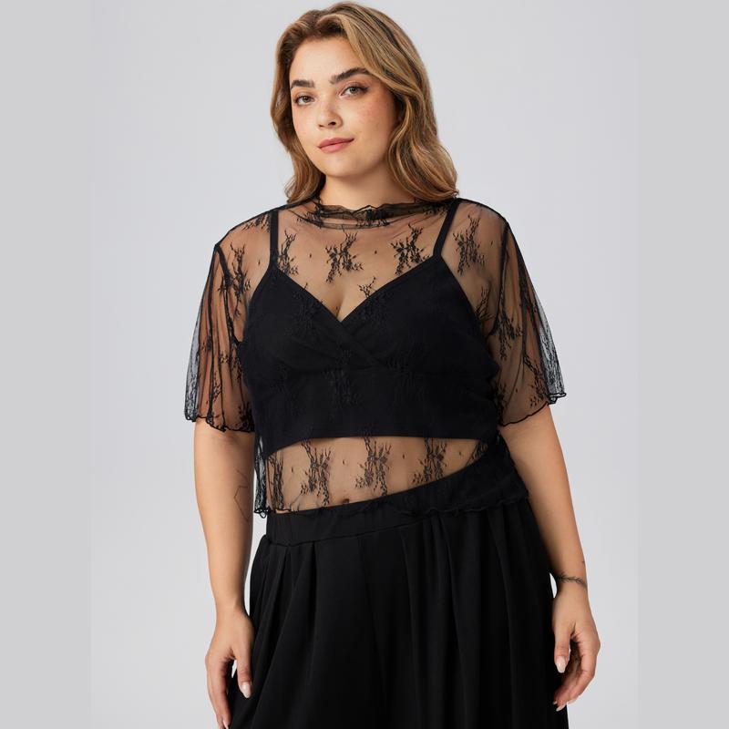 Cider [size 2-26] Lace See-through Top & V Neck Wide Leg Jumpsuit