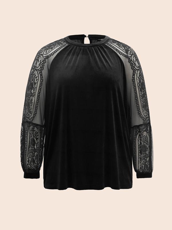 BloomChic Lace Patchwork Velvet Raglan Sleeve Blouse