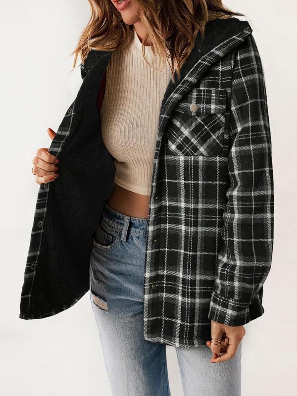 Women's Plaid Print Button Front Hooded Jacket, Casual Long Sleeve Pocket Outerwear for Spring & Fall, Ladies Clothes for Daily Wear