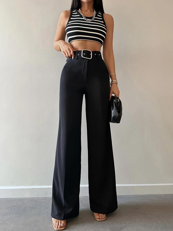 Women's Solid Pocket Straight Leg Pants with Belt, Casual Comfy Trousers for Spring & Fall, Women's Bottoms for Daily Wear