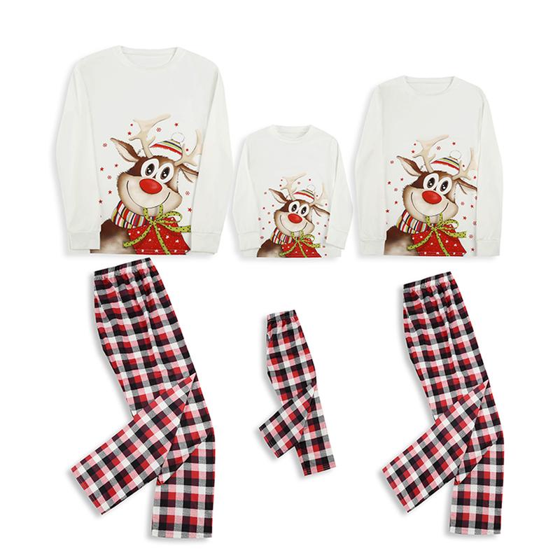 Matching Christmas Pajamas For Family, Elk Print O-Neck Long Sleeve Tops+ Plaid Long Pants for Kids Adults