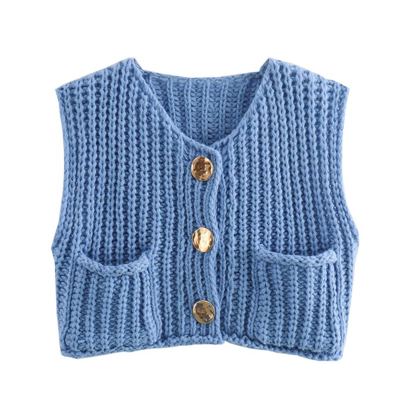 2024 New Women's European and American Style Pocket Sleeveless Short Knitted Cardigan Vest Shirt