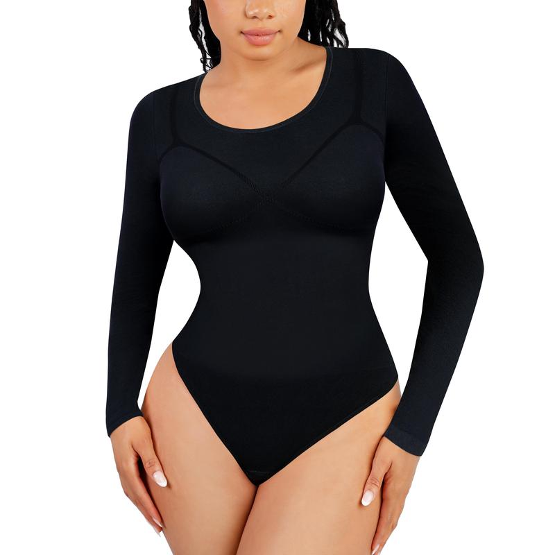 Lover-Beauty Long Sleeve Bodysuit for Women Scoop Neck Body Suits Stretch Seamless Thong Bodysuit Tops