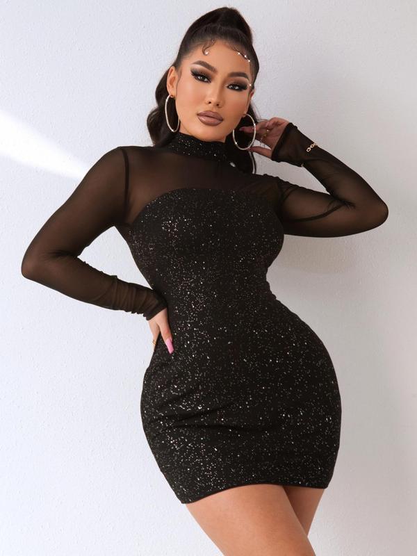 Women's Contrast Sequin Sheer Mesh Bodycon Dress, Elegant Long Sleeve Stand Collar Zipper Back Short Dress for Party Club Dating Wear, Ladies Clothes for Spring & Fall