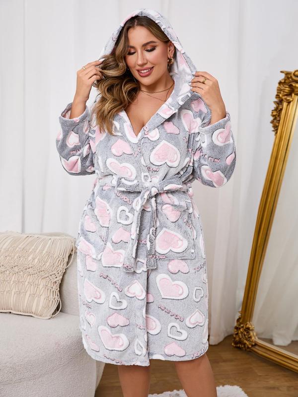  Women's Heart Print Belted Knot Front Pocket Hooded Flannel Robe, Casual Long Sleeve Warm Fuzzy Robe, Women's Loungewear for Fall & Winter