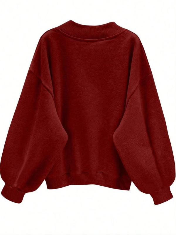 Women's Solid Color Drop Shoulder Sweatshirt, Casual Long Sleeve V Neck Pullover for Spring & Fall, Ladies Clothes for Daily Wear, 90s Clothes