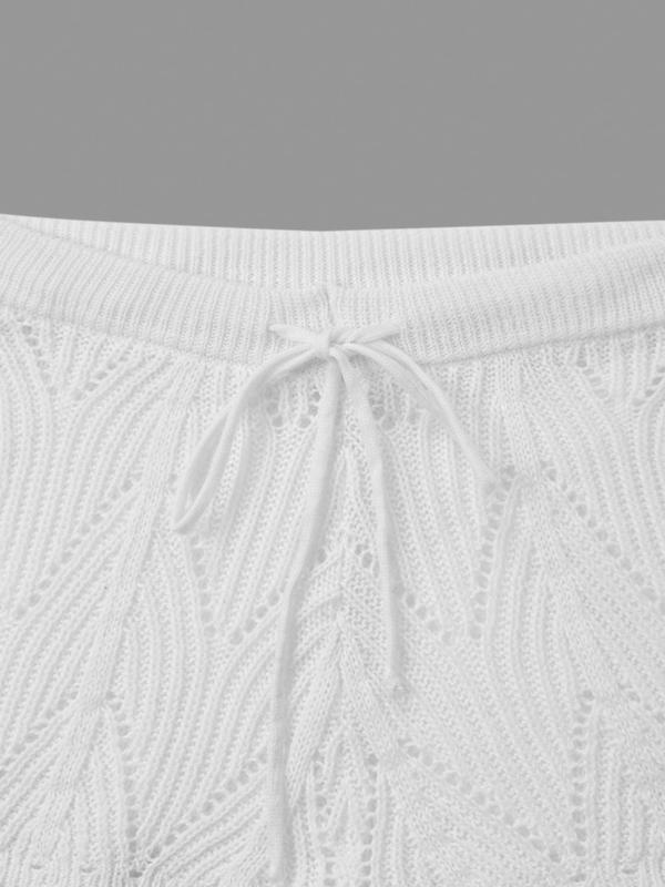 Women's Plain Hollow Out Drawstring Waist Knit Shorts, Fashion Casual Scallop Trim Crochet Shorts for Beach Vacation Holiday, Ladies Summer Bottoms