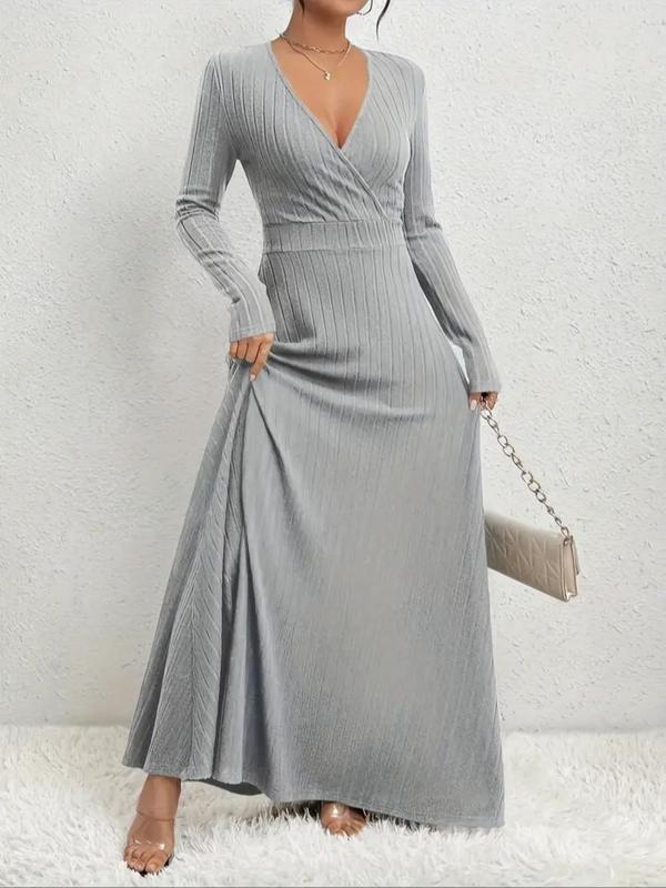  Solid Wrap V Neck A Line Dress, Elegant Long Sleeve Dress for Party Holiday Wedding Guest, Women's Clothes for Fall & Winter