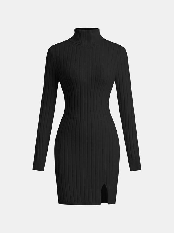 YOZY Christmas Deals, Women's Solid Split Thigh High Neck Sweater Dress, Casual Long Sleeve Ribbed Knit Dress for Fall & Winter, Women's Clothing for Daily Wear, Christmas 2024 Trend, Fall & Winter Clothes