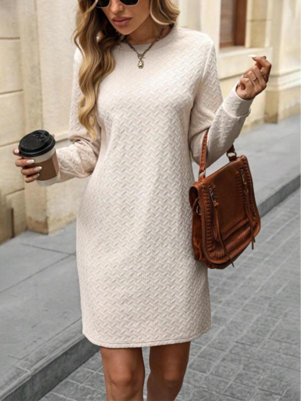 Women's Plain Round Neck Long Sleeve Dress, Casual Fashion Crew Neck Short Dress for Daily Outdoor Wear, Women Dress for Fall & Winter