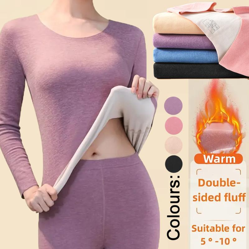 Women's Seamless Thermal Underwear Set, Soft & Stretchy Long Sleeve Crew Neck Tops & Pants, Warm Loungewear for Cold Weather, Indoor Comfort