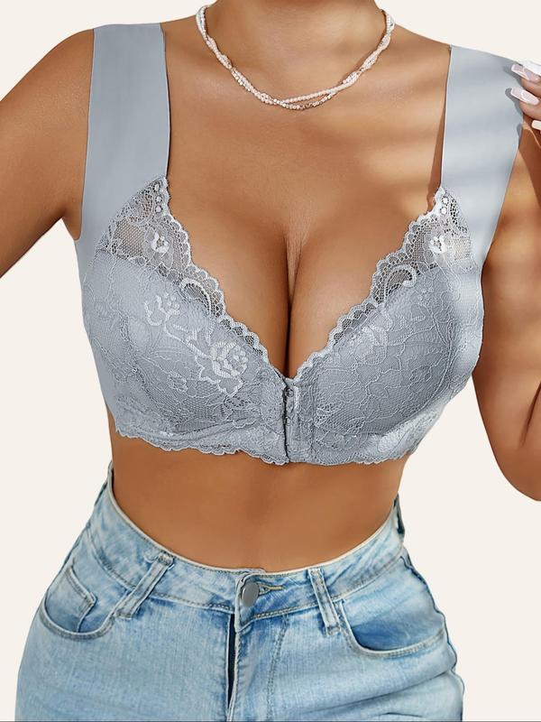 Women's Solid Contrast Lace Front Opening Design Wireless Bra, Casual Comfortable Breathable Push Up Bra, Ladies Lingerie for All Seasons