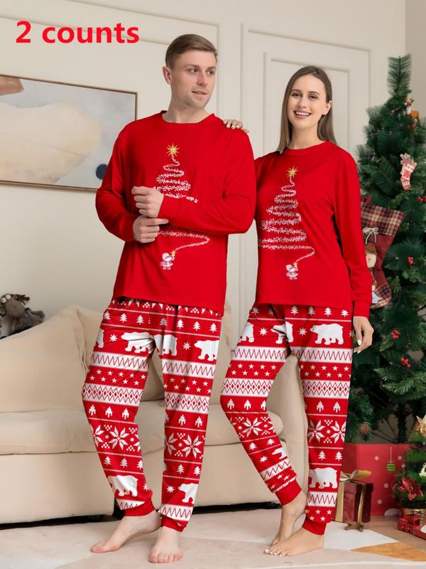 Couple's Christmas Themed Print Pajama Two-piece Set, Casual Comfy Long Sleeve Top & Elastic Waist Pants PJ Set, Men's Sleepwear for Spring & Fall