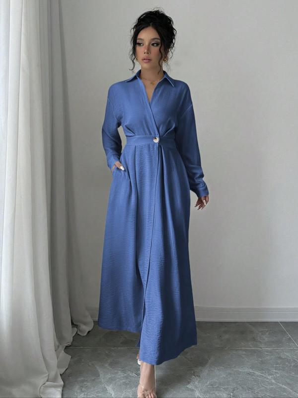 Women's Plain Plicated Button Front Wrap A Line Dress,  Vintage Girly Clothes Casual Tie Inside Collared Long Dress for Spring & Fall, Women's Clothing for Daily Wear